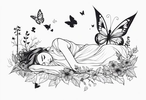 A depressed fairy laid down, flat to the ground on her front, surrounded by mystical woodland and butterflies tattoo idea