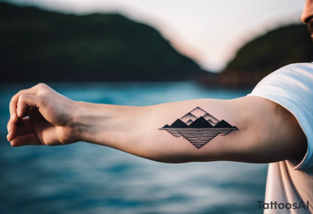 Minimalistic, small, black and white tattoo on male forearm. Tattoo style is line drawing. From the perspective of being on the ocean, the water is calm, with no waves in sight, the sun is setting behind the ocean, reflecting light onto the water. The tattoo in the shape of a rectangle, 4 inches wide by 2 inches tall. tattoo idea