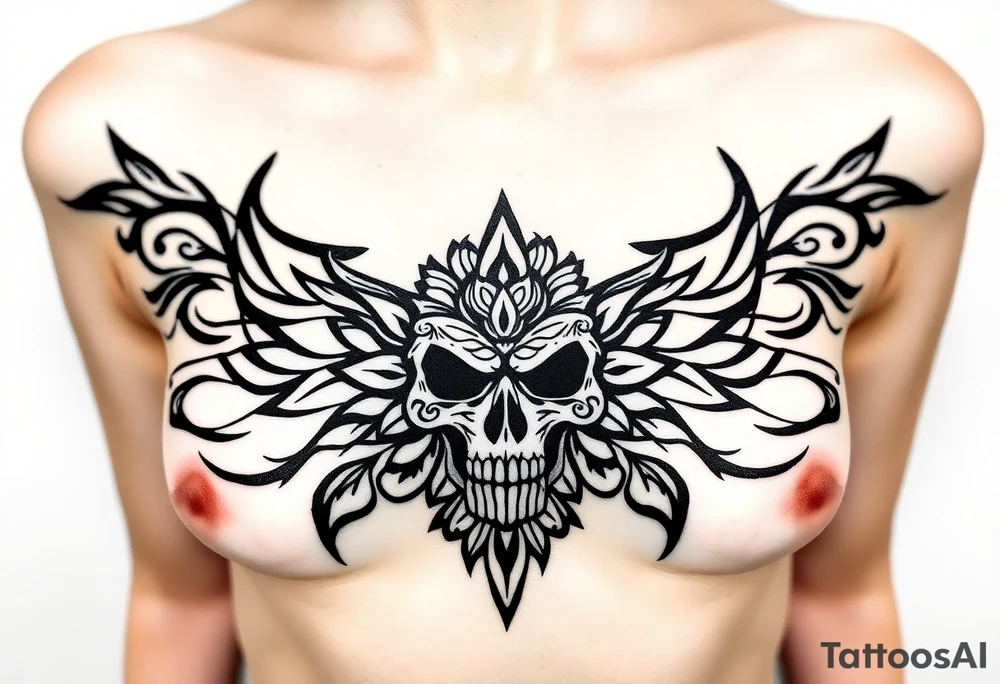 Stunning underboob tattoo with lace and elegant mandala skull tattoo idea