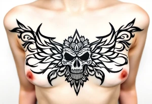 Stunning underboob tattoo with lace and elegant mandala skull tattoo idea