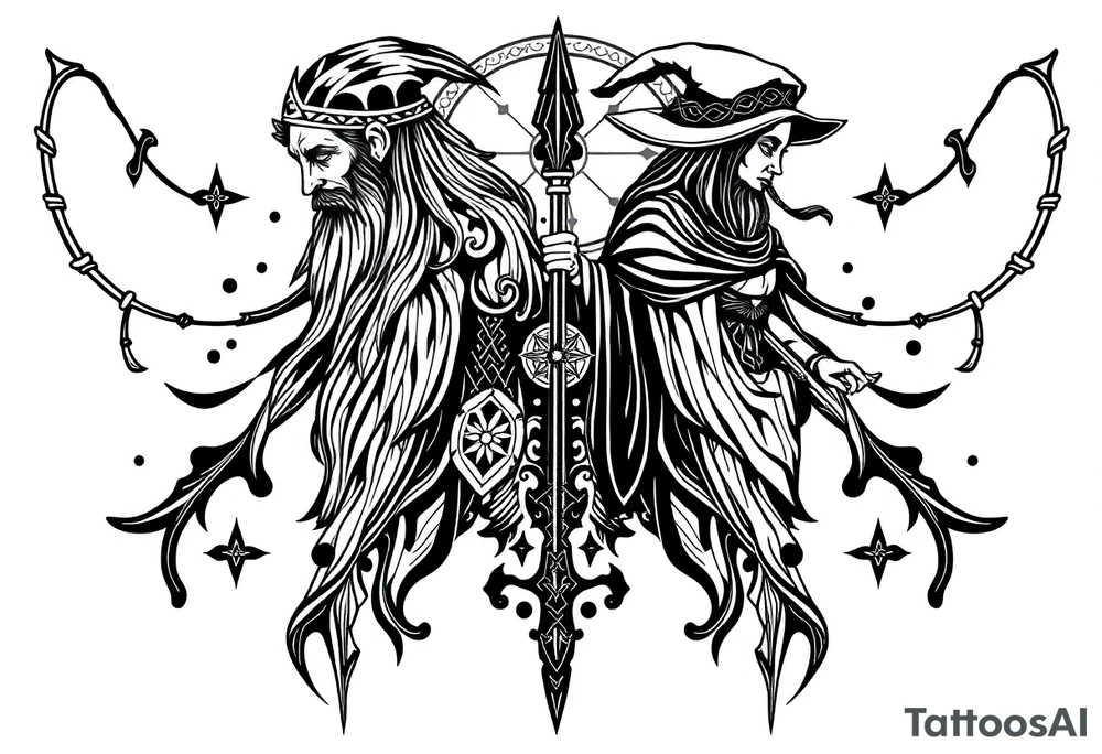 long shaman and witch abstracstyle mytical with ancient rhyme tattoo idea