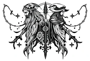 long shaman and witch abstracstyle mytical with ancient rhyme tattoo idea