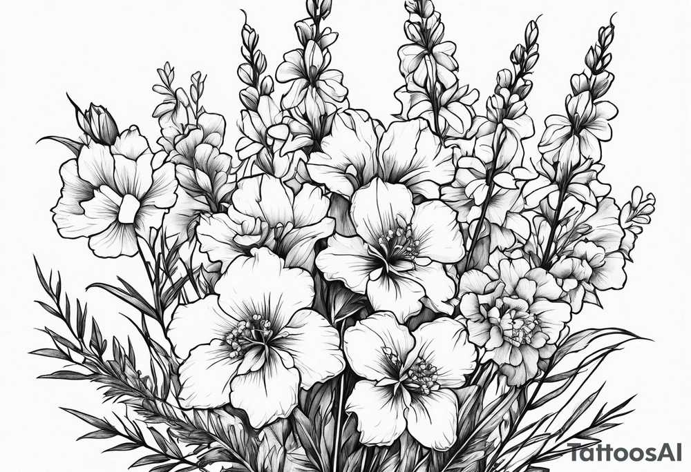 Small, simple sketched bouquet of larkspur, stemmed carnation tattoo idea