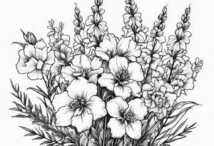 Small, simple sketched bouquet of larkspur, stemmed carnation tattoo idea