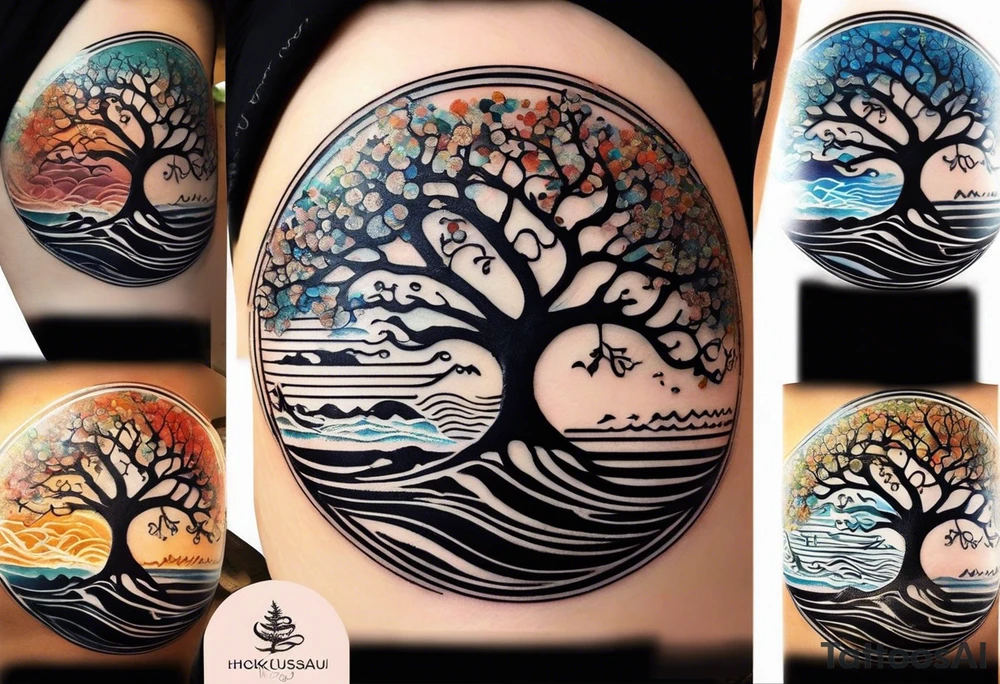 an abstract Tree of Life tattoo. It should have roots growing out of the bottom. The roots slowly turn into water from the Great Wave by Hokusai. A golf flag should be placed discreetly growing out of the ground. 2 license plate tags should be hanging from the tree. Place a few music notes in the areas the leaves should be. The letters A U should be engraving into the tree trunk in a heart. Not inside a circle. The overall shape of the tattoo should be organic. Black and white only. tattoo idea