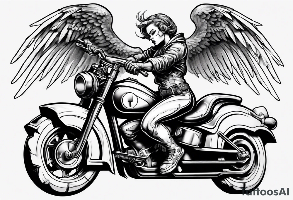 cyber angel riding a motorcycle, dynamic stance tattoo idea