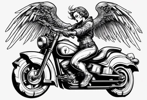 cyber angel riding a motorcycle, dynamic stance tattoo idea