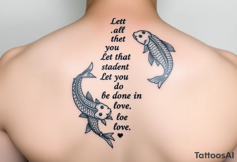 vertical verse going down the spine that says “ Let all that you do be done in love “ with two koi fish One on the Lower left of the verse and the other fish on the upper right of the verse tattoo idea