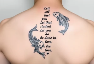 vertical verse going down the spine that says “ Let all that you do be done in love “ with two koi fish One on the Lower left of the verse and the other fish on the upper right of the verse tattoo idea