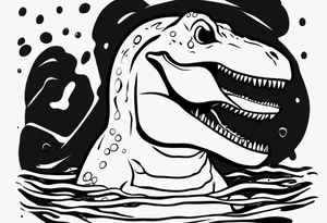 silly happy t rex in a pool wearing water polo cap tattoo idea