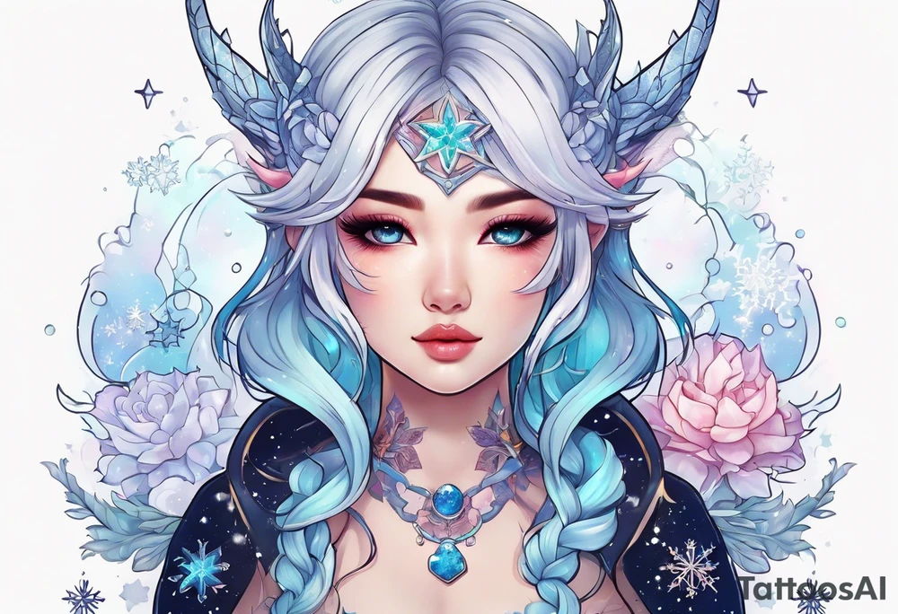 Constellation, kawaii dragon girl , snowflake tattoo idea