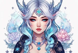 Constellation, kawaii dragon girl , snowflake tattoo idea