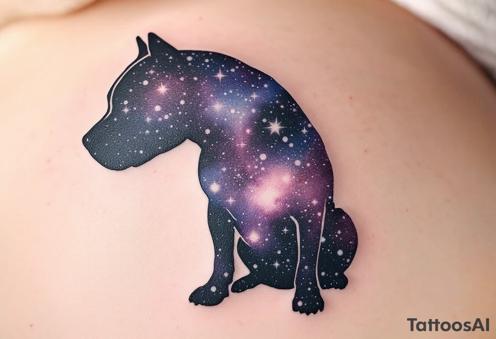 Galaxy Staffbull Silhouette
Silhouette of a sitting Staffbull filled with a galaxy pattern—purple, navy, and starry white dots. Abstract and dreamy. tattoo idea