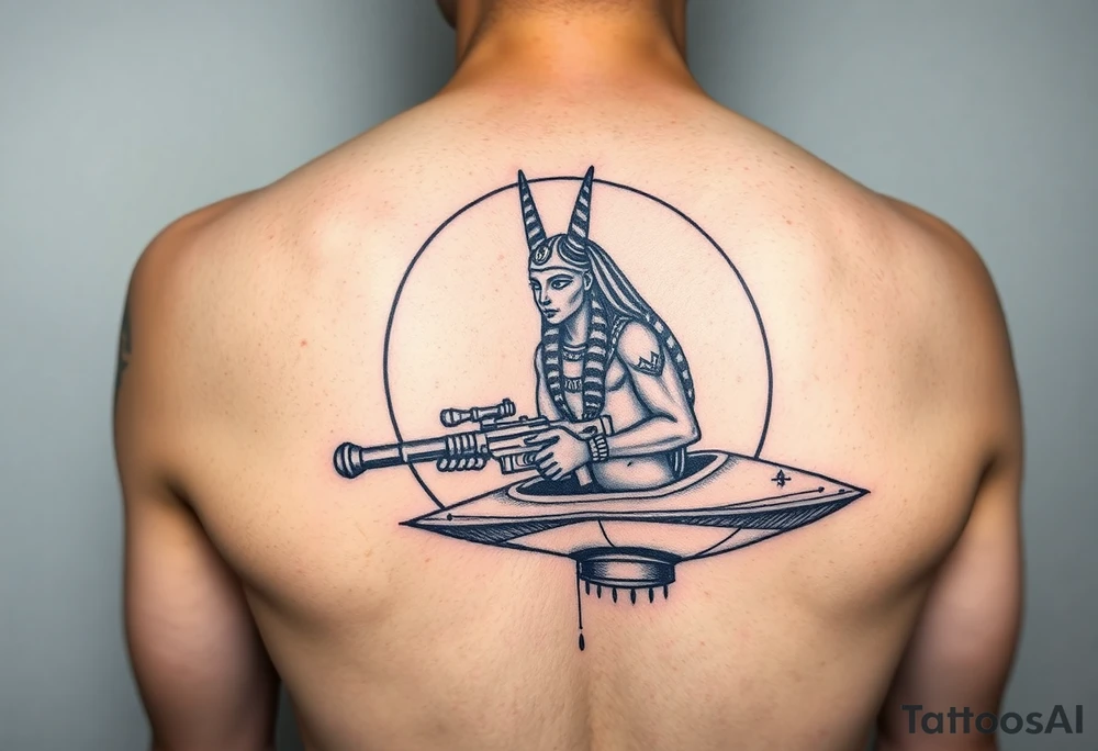 "Anubis in a ufo, holding a tommy gun. . Hieroglyph background spells 'BaCk TO THE MOON'.  

Style: Art Deco meets cyber-Egyptian. Black/red/gold ink. Forearm sleeve." tattoo idea