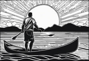 pictured from behind, average sized man with his arms fully extended straight out from chest level, standing on top of modestly sized canoe on the water with a sun above his head. tattoo idea