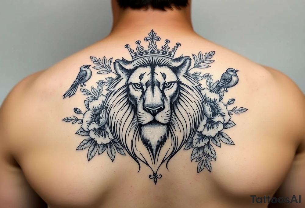 powerful majestic lion with a crown, surrounded by floral ornaments and birds tattoo idea