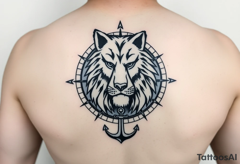 1/3wolf 1/3bear 1/3 lion surrounded by a compass with a small anchor on bottom. for sleeve tattoo idea