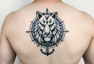 1/3wolf 1/3bear 1/3 lion surrounded by a compass with a small anchor on bottom. for sleeve tattoo idea