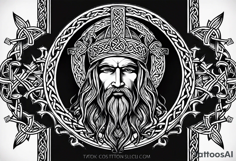 Create a tattoo that expresses the Celtic heritage, Christian faith, American patriot. This is an all black tattoo and is very masculine and tough tattoo idea