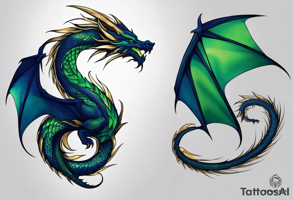 Geometric Tattoo: An epic with no wings, floating. Its long body coiling dynamically, with scales and horns detailed to create a sense of movement and strength. The dragon's main color is midnight blue but features little accents in green, blue, and gold, giving a vibrant depth and a mystical aura. This tattoo highlights the dragon’s fierce expression and sharp claws as it wraps protectively around the leg. Style: Geometric tattoo idea