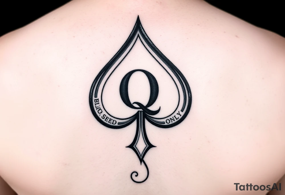 A spade womb tattoo with a Q in the center, with three points around the outside. The first reading, "BLACK". The second reading, "SEED". The third reading, "ONLY". A winding tail at the bottom of the spade. tattoo idea