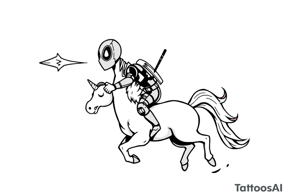 Deadpool riding cartoon unicorn shooting Rocket tattoo idea