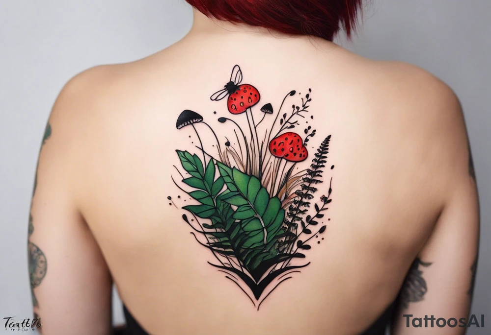 forest floor inspired minimalist tattoo, which includes grass, curly ferns and dead leaves as the bulk of the tattoo. details to include: three very tiny strawberries, a tiny bumblebee flying nearby, three small brown mushrooms
Generate a vertically long one tattoo idea