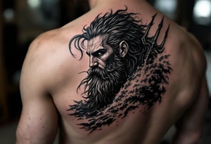 fit poseidon, with trident, in rough water, looking at the horizon tattoo idea