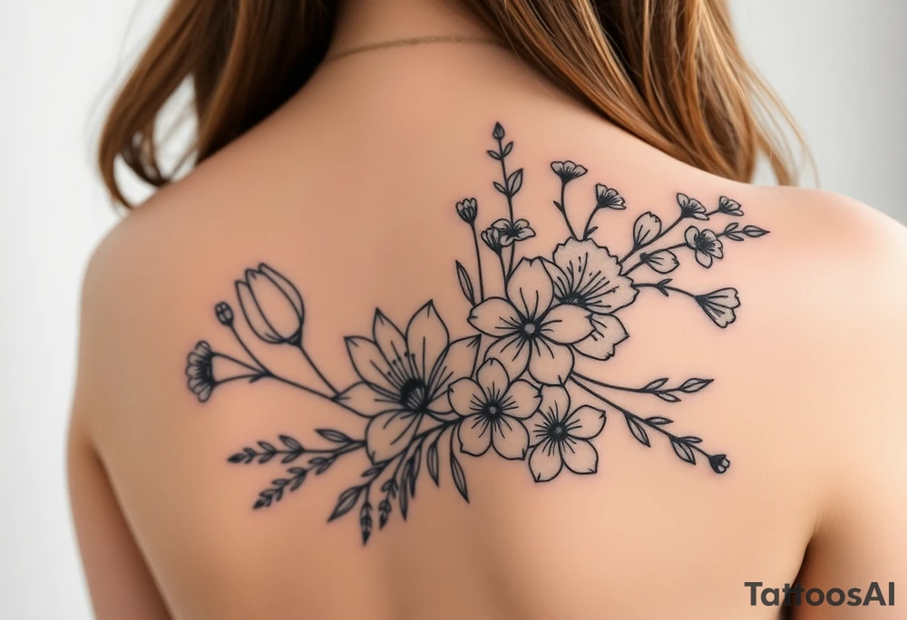 botanical tattoo with flowers such as tulips and lilies and cherry blossoms on the upper arm tattoo idea