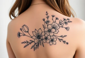 botanical tattoo with flowers such as tulips and lilies and cherry blossoms on the upper arm tattoo idea