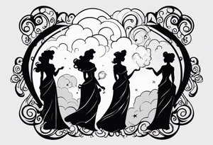 A silhouette  of the 
muses from the Disney movie Hercules surrounded by whimsical clouds tattoo idea