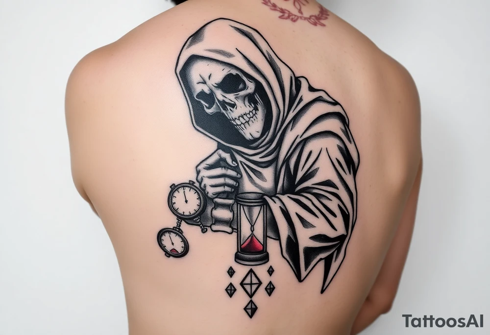 Simple grim reaper looking at a watch on his wrist with a hourglass with red sand and diamond geometric shapes for the thigh tattoo idea