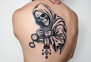 Simple grim reaper looking at a watch on his wrist with a hourglass with red sand and diamond geometric shapes for the thigh tattoo idea