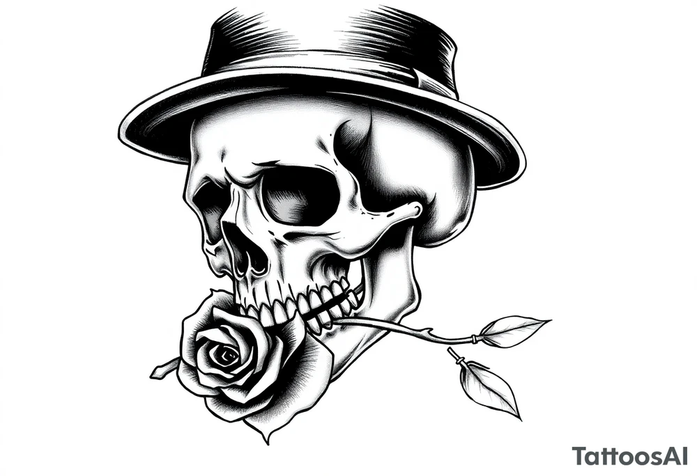 a skull with top-hat and a rose in his mouth. tattoo idea