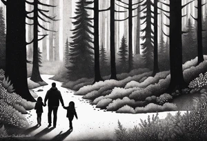 Church. Chicano art . A shadow of a Man and Woman and young son and young daughter  walking through the Pacific Northwest Forrest.. tattoo idea