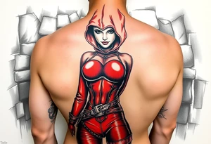 powerful female dominatrix wearing a red latex catsuit and full hood standing in a dungeon tattoo idea