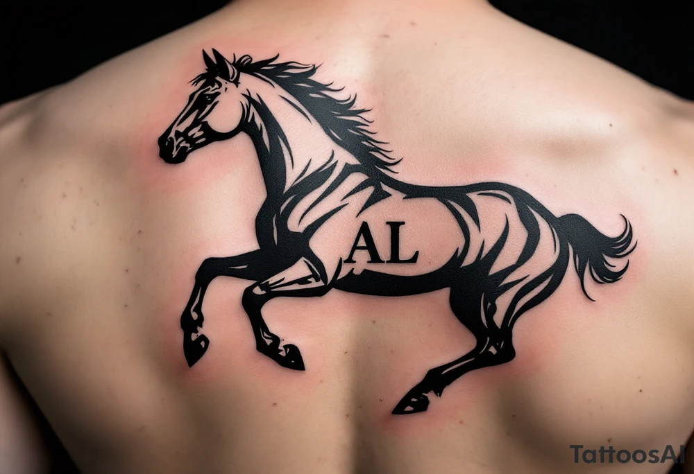 horse silhouette 
from the front which gallops from the front, with the 3 small letters discreetly integrated: M, A, L tattoo idea