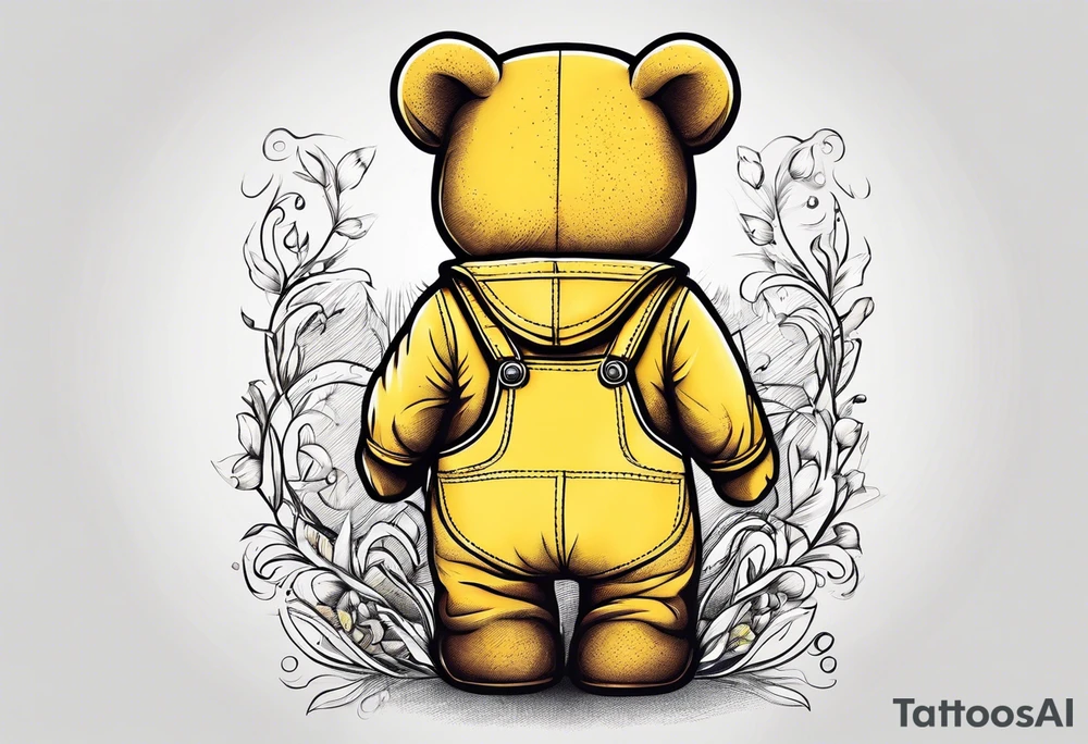the back of a standing teddy bear in yellow overalls tattoo idea