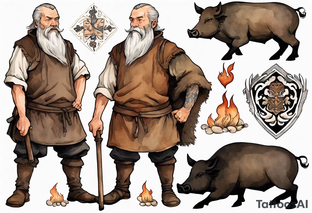 a 55-year-old medieval Bavarian man with a grey beard and broad shoulders wearing a brown and black tunic standing next to a boar by a fire tattoo idea