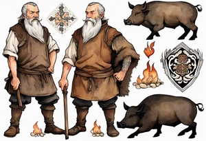 a 55-year-old medieval Bavarian man with a grey beard and broad shoulders wearing a brown and black tunic standing next to a boar by a fire tattoo idea