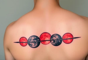 three horizontal planets. Color Black and red with more black tattoo idea