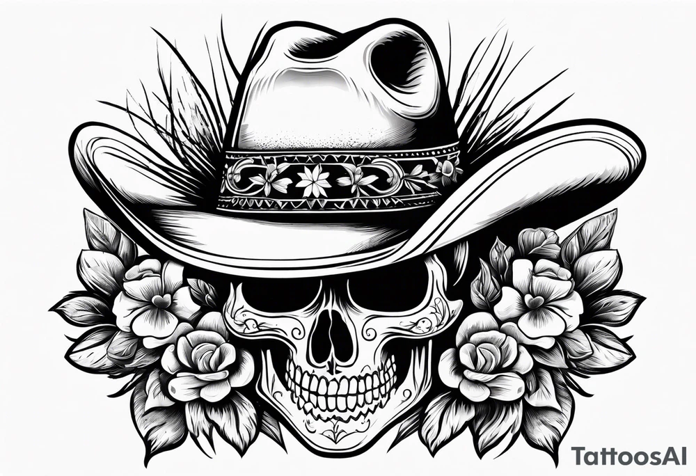 Mexican skull wearing cowboy hat with art paintbrushes and bluebonnets flowers tattoo idea