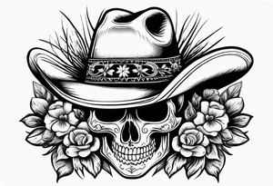 Mexican skull wearing cowboy hat with art paintbrushes and bluebonnets flowers tattoo idea