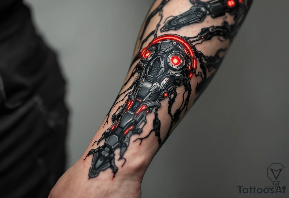 A biomechanical forearm sleeve with blackened steel tendons and pulsing red LED-like highlights under semi-transparent skin. tattoo idea