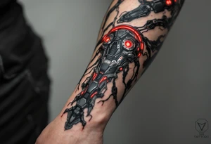 A biomechanical forearm sleeve with blackened steel tendons and pulsing red LED-like highlights under semi-transparent skin. tattoo idea