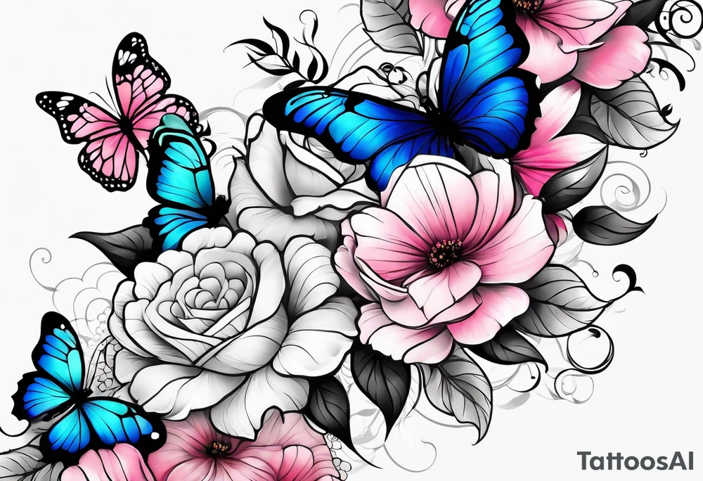 Female arm sleeve with pink, white, and blue flowers and butterflies tattoo idea