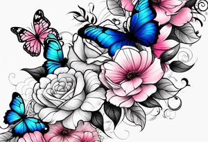 Female arm sleeve with pink, white, and blue flowers and butterflies tattoo idea
