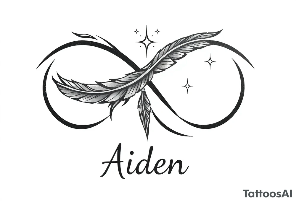 infinity symbol woven with floating feathers and stardust and the name Aiden tattoo idea