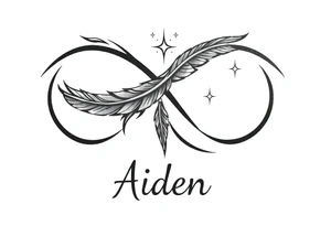 infinity symbol woven with floating feathers and stardust and the name Aiden tattoo idea