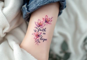 Pastel calligraphy with floral embellishments—cherry blossoms for love, lilies for faith, and daffodils for hope. tattoo idea